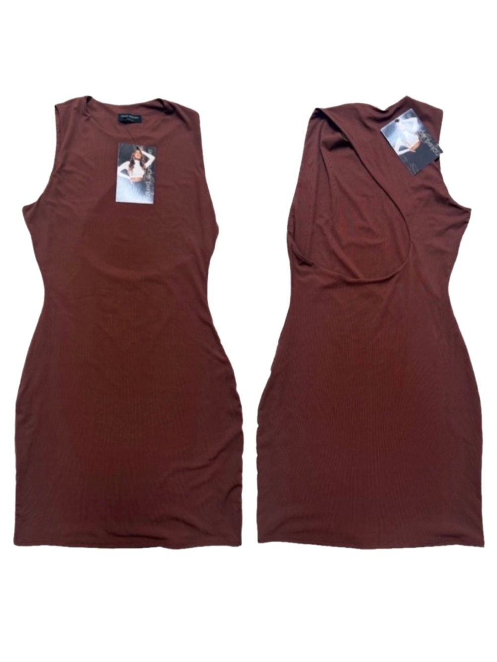 NWT Naked Wardrobe Brown Ribbed Stretch Cutout Mini Dress